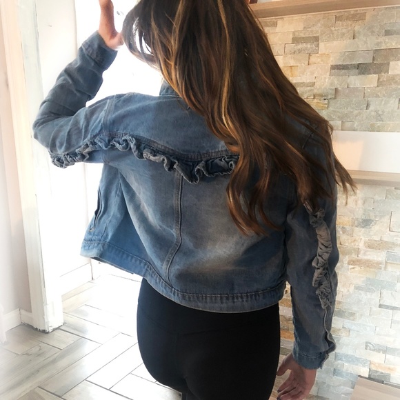 Ruffle back denim jacket- medium wash jean jacket - Picture 8 of 8